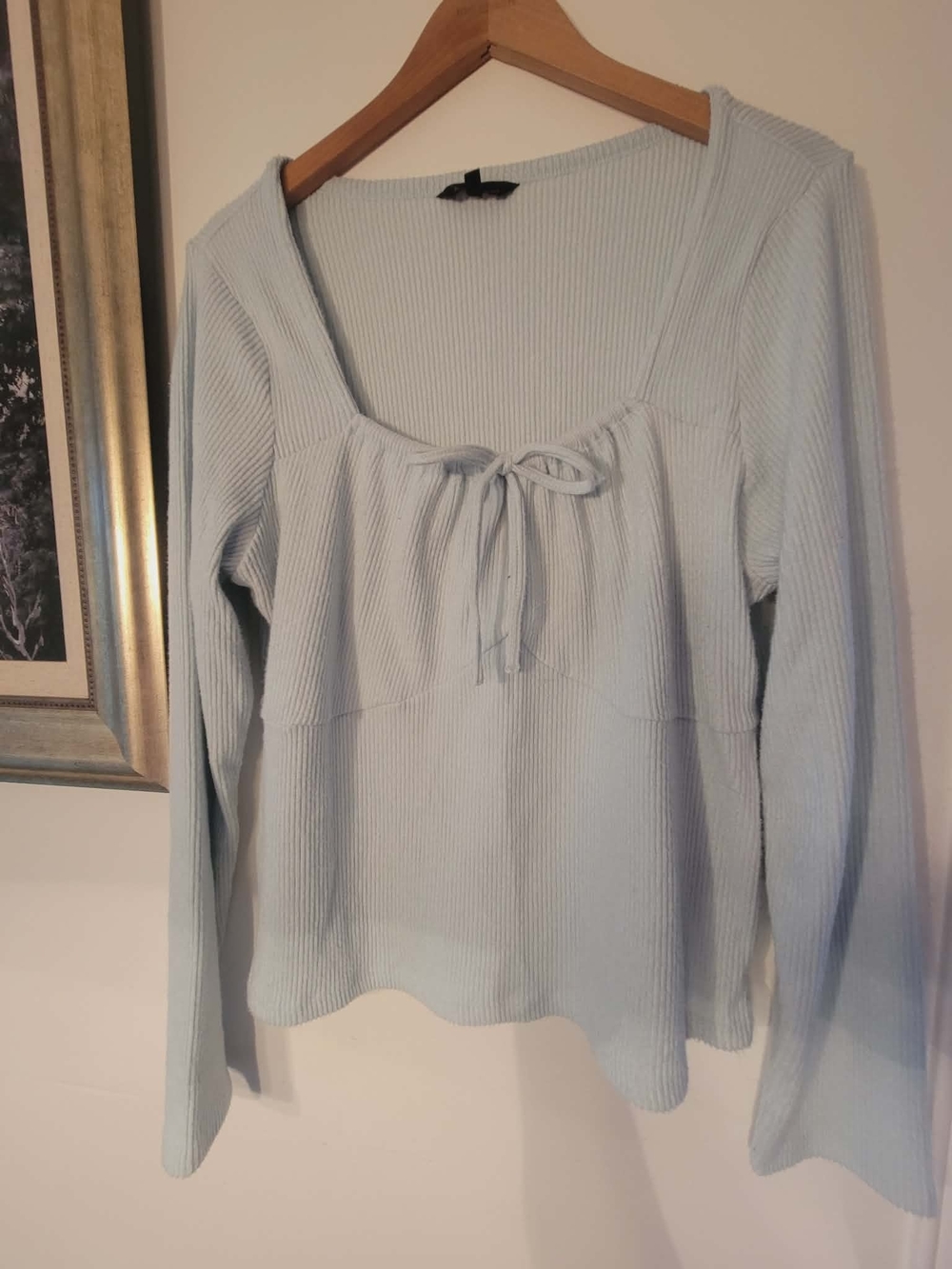 No Boundaries Pale Blue Ribbed Long-Sleeve Tie-Front Top